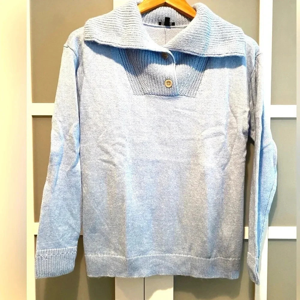 Talbots Breton Button Wide Collar Chunky Pullover Breezy Blue Cotton Women’s XS - Picture 3 of 13